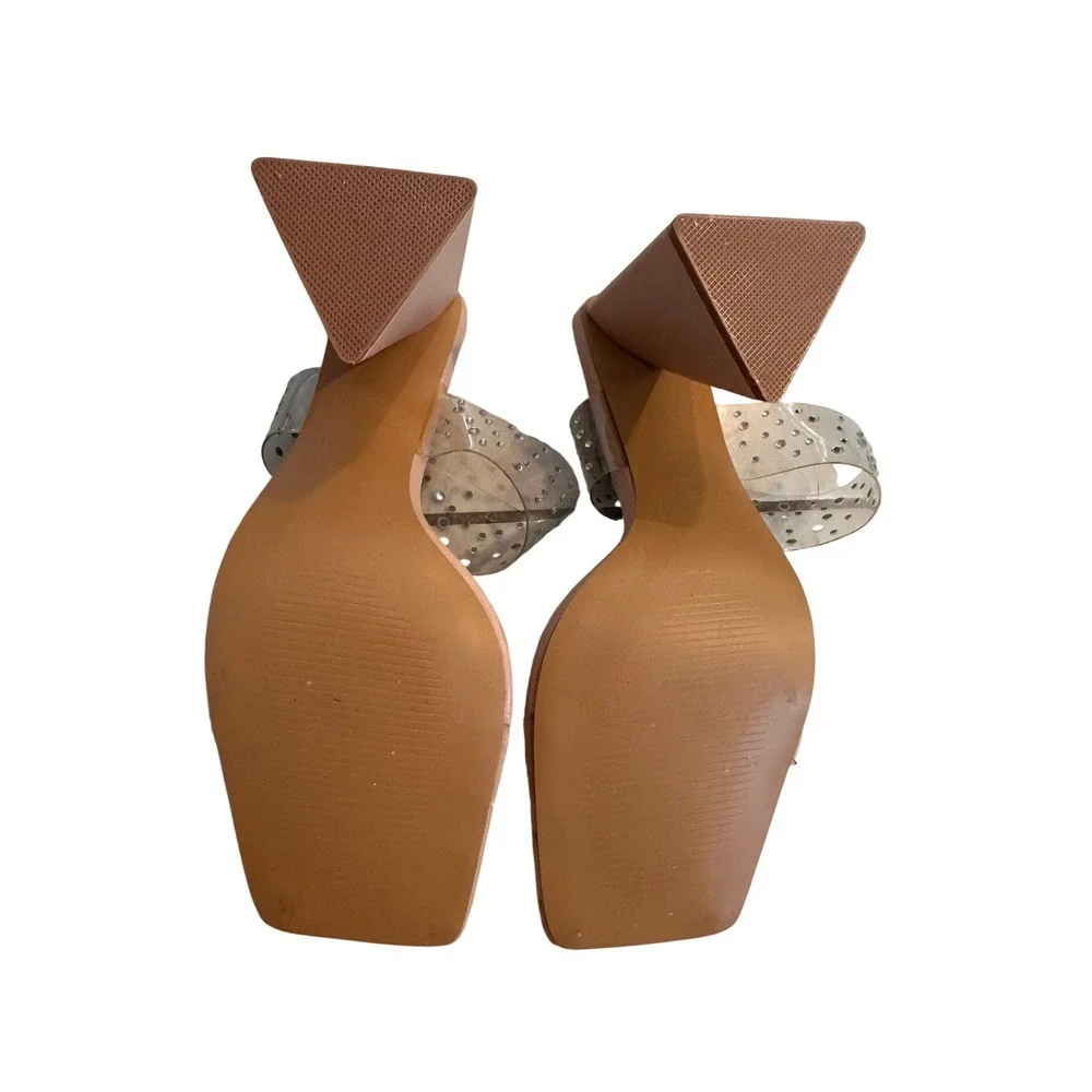 Mudd Womens Clear Rhinestone Square Toe Block Heel Slide Sandals Tan Size 7.5 - Picture 10 of 11
